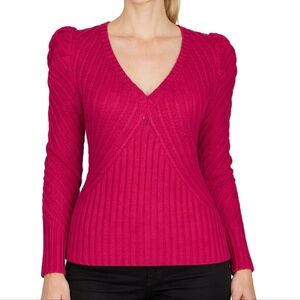 White House Black Market V-Neck Sweater Small Vibrant Pink Puff Sleeves